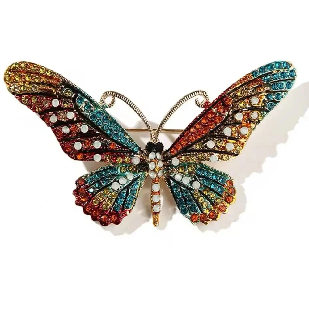 Vintage Multicolor Crystal Butterfly Brooch – Gold Tone Statement Pin